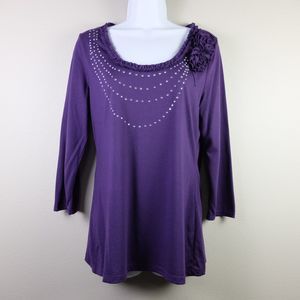 New Directions Studded Floral Purple 3/4 Sleeve Top Size Large